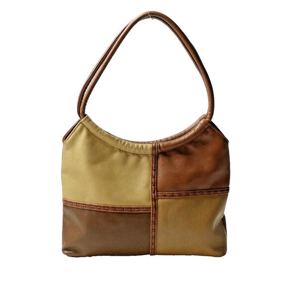 VTG Y2K Brown Faux Leather Patchwork Retro Shoulder Bag Hippie Boho 2000s Chic - Picture 1 of 8